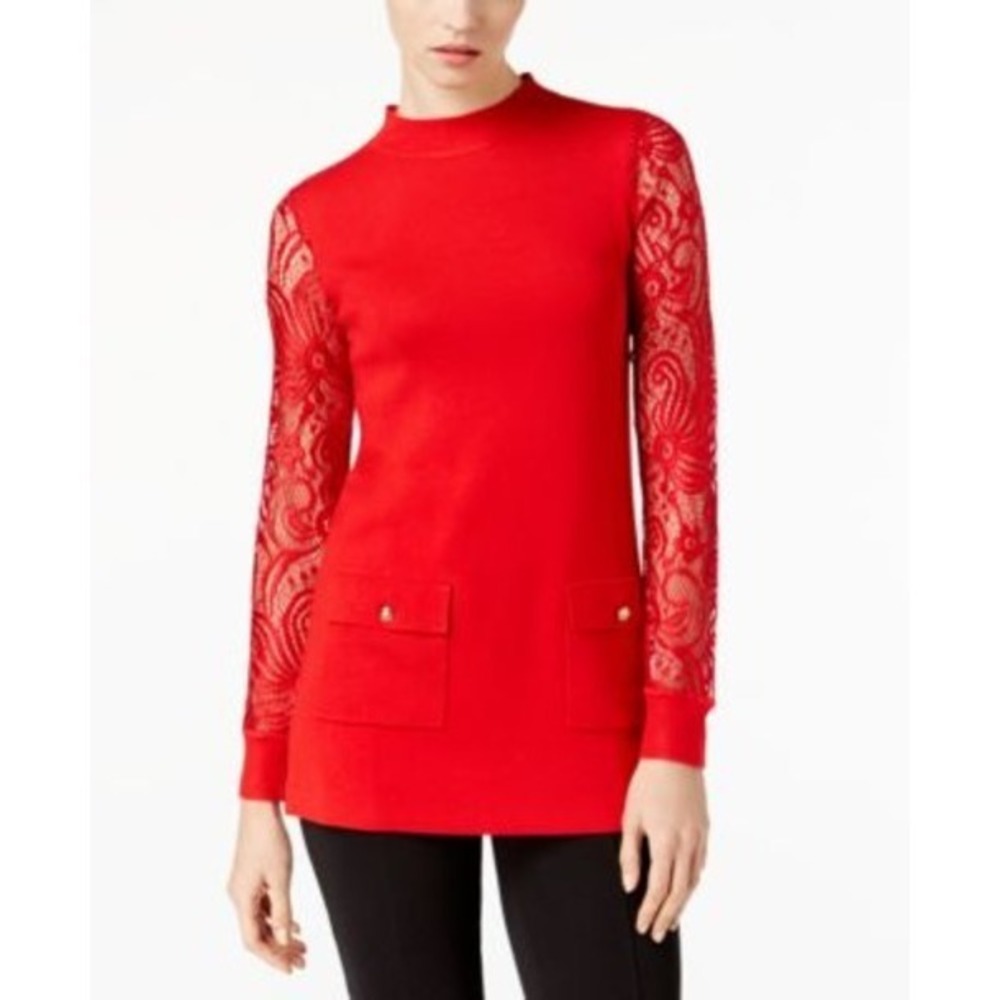INC International Concepts Lace Sleeve Sweater Tunic XS Red